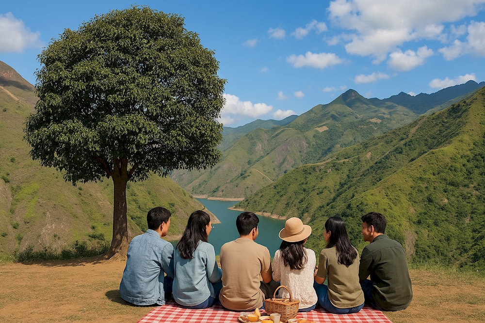 Các bạn trẻ với concept picnic năng động check-in với cây Táo Mèo Tà Xùa
